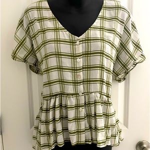 Green/White Plaid Button Up Flare Top